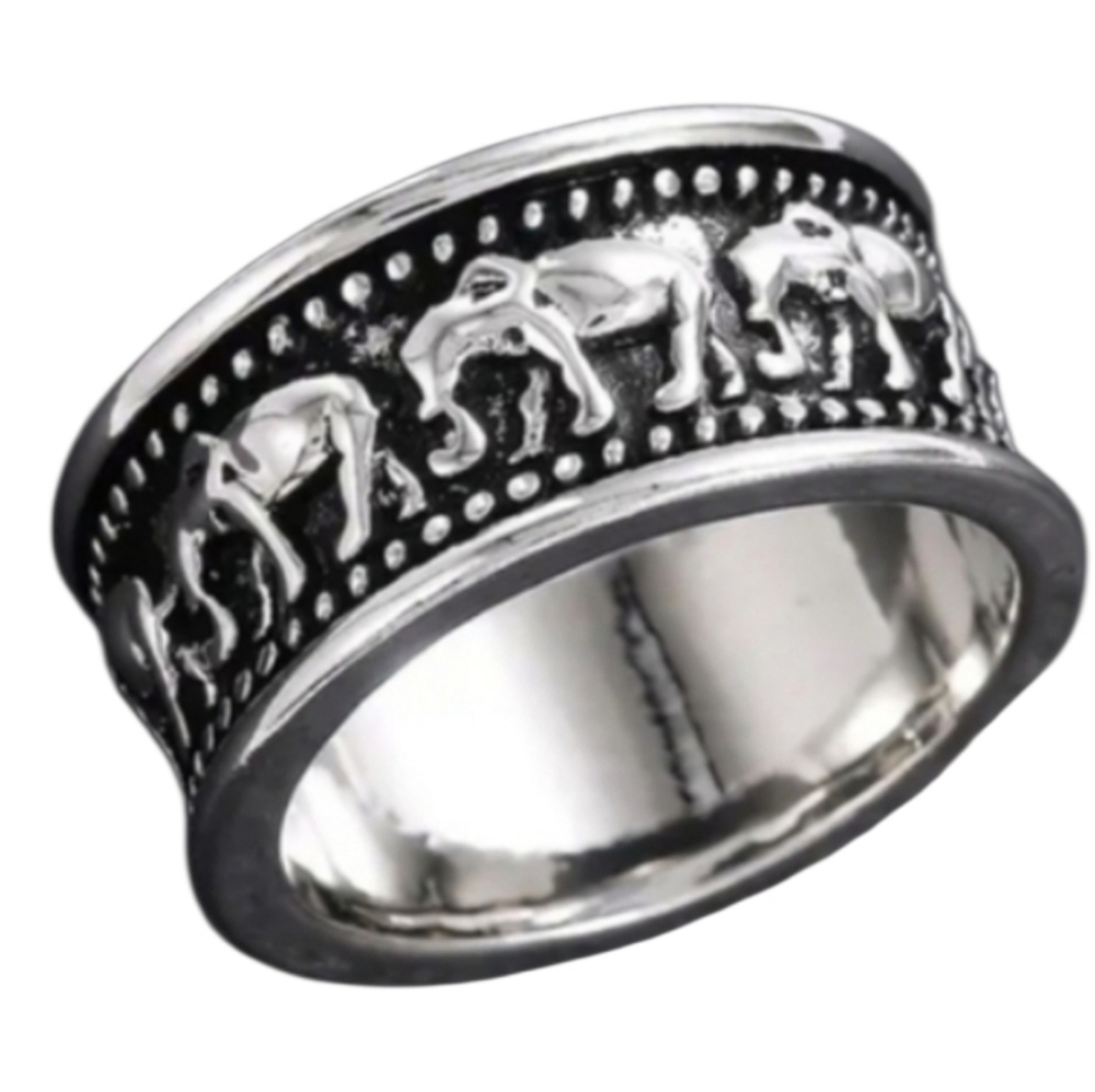 Silvertone Elephant Ring Wide Band Size 8.5